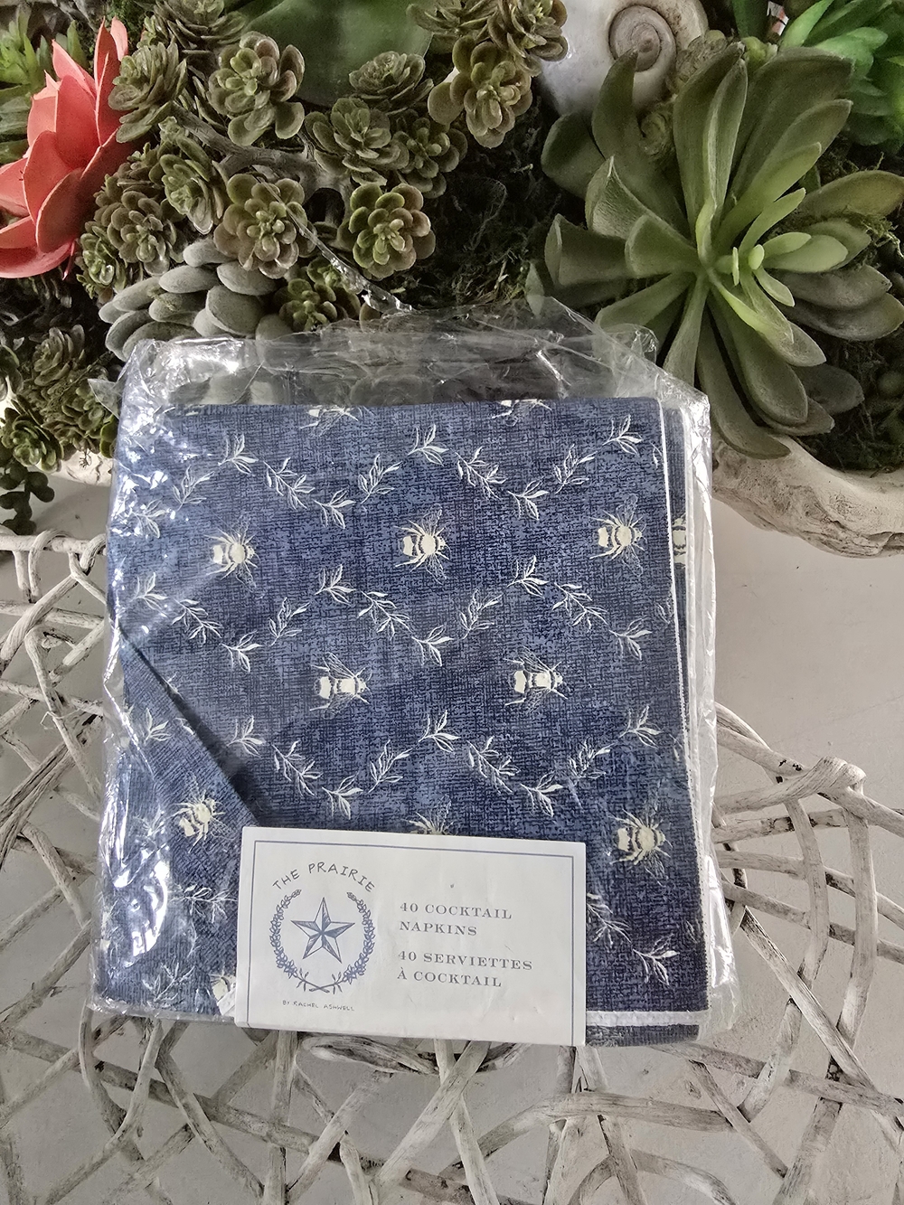 Navy Blue Cocktail Napkins with Bee Print